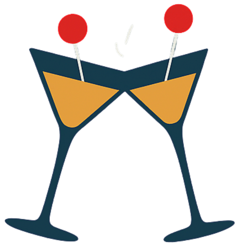 Minimalist illustration showing two martini glasses clinking together, filled with a bright mocktail.
