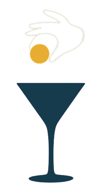 Illustration of a hand dropping a colorful mocktail bomb into a martini glass against a deep green background.