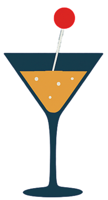 Flat vector of a martini glass fizzing as the mocktail bomb dissolves, with bubbles and a cherry garnish.