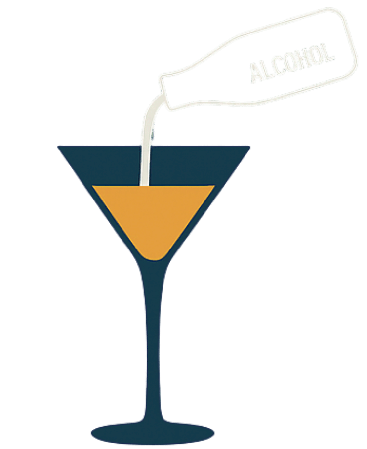 Simple 2D image of alcohol being poured into a mocktail glass from a bottle labeled “Alcohol.”